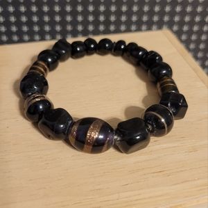 Vintage Black and Copper Glitter Art Bead Stretchy Bracelet